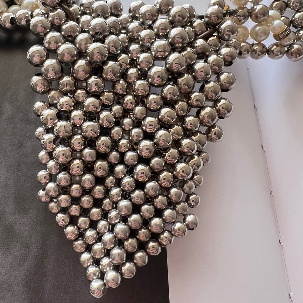 Silver and Gold Beaded Bib Necklace with Textured Pendants - Picture 7 of 10